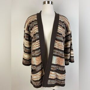 Rochelle Vintage Longline Boucle Knit Sweater Cardigan Earth Tone Size M Pockets